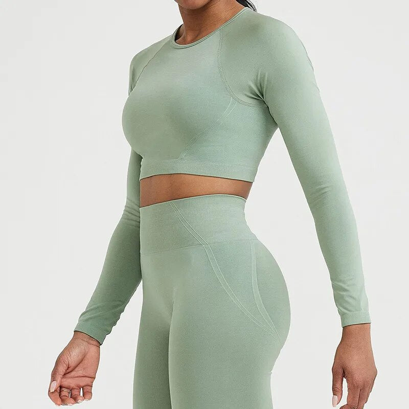 2-Piece Long Sleeve Crop Top Gym Set